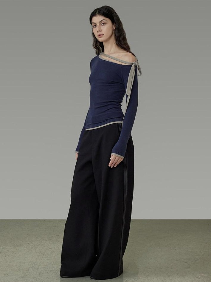 unspoken Tie Detail Slim Knit Pullover Asymmetrical Collar Office Viscose Blouses