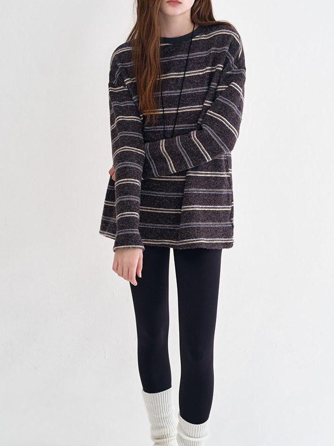 fano Acrylic Knit Striped Crew Neck Oversized Casual Women Long Sleeve T-Shirts