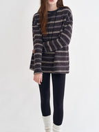 fano Acrylic Knit Striped Crew Neck Oversized Casual Women Long Sleeve T-Shirts