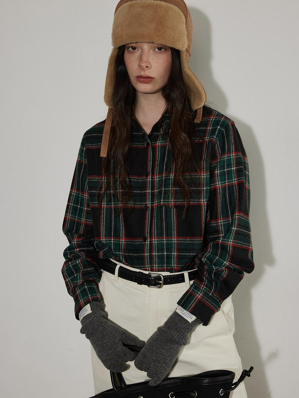 Lofi choose Work Ready Loose Fit Green Plaid Button Front Long Sleeve Polyester Women Shirts