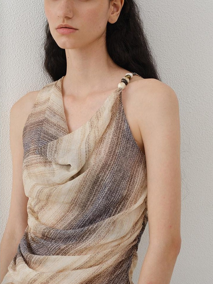 someonesometimes Original Asymmetric Patchwork Striped Slim Curve Khaki Brown For Women Vest