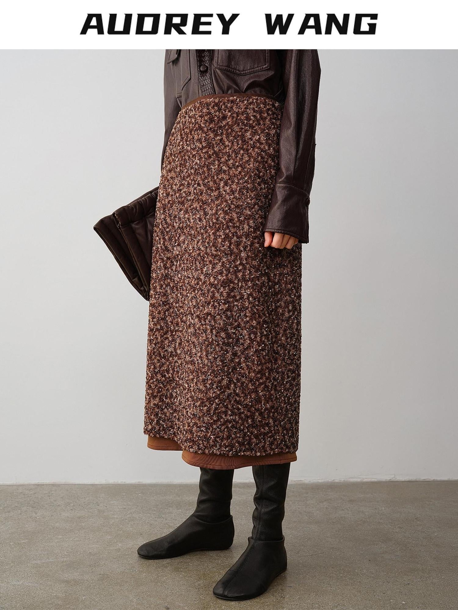 audreyyang Stretch Sculpting Mid Waist Pencil Slim Fit Brown Women Polyester Maxi Skirts