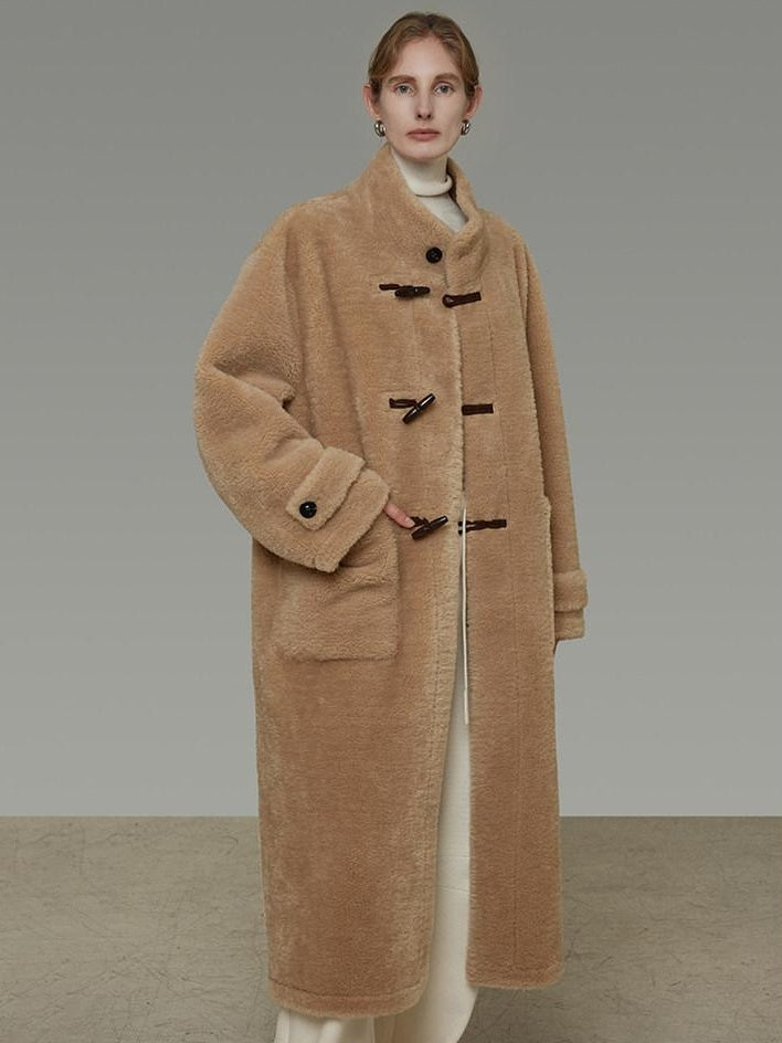unspoken Warm Faux Fur Lined Vintage Loose Fit Stand Collar Women Daily Long Coats