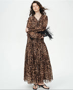 audreyyang Silk Blend Leopard Print A Line Fitted Waist Long Sleeve Vacation Maxi Dresses