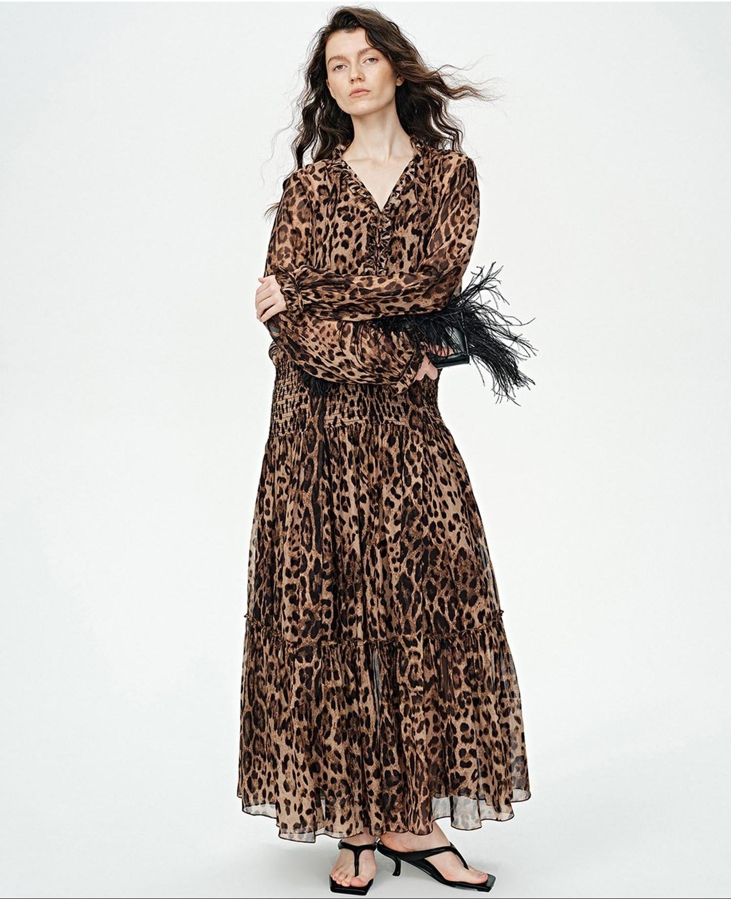 audreyyang Silk Blend Leopard Print A Line Fitted Waist Long Sleeve Vacation Maxi Dresses
