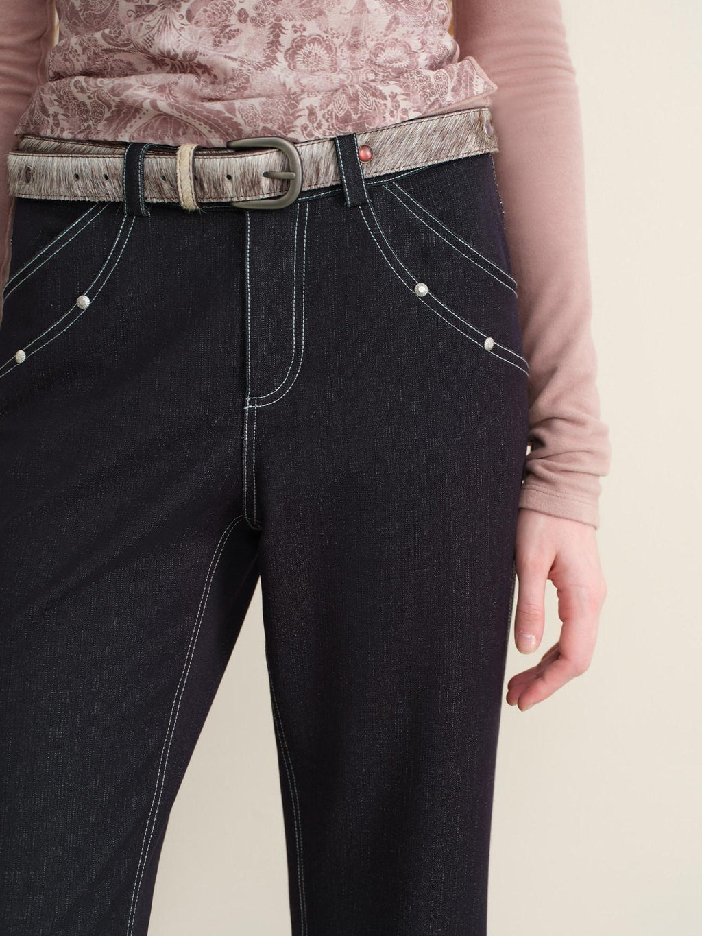 someone sometimes Stretch Minimal Natural Waist Topstitch Detail Women Midnight Blue Flared Jeans
