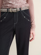 someone sometimes Stretch Minimal Natural Waist Topstitch Detail Women Midnight Blue Flared Jeans