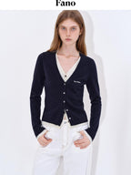 fano Embroidered Letter Slim V-neck Button For Teen Girls Navy Knit Cardigans