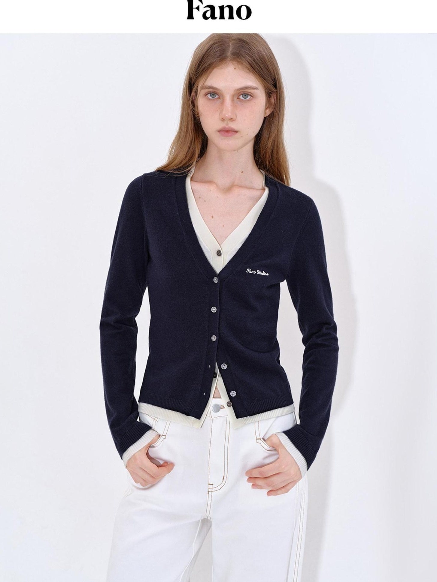 fano Embroidered Letter Slim V-neck Button For Teen Girls Navy Knit Cardigans