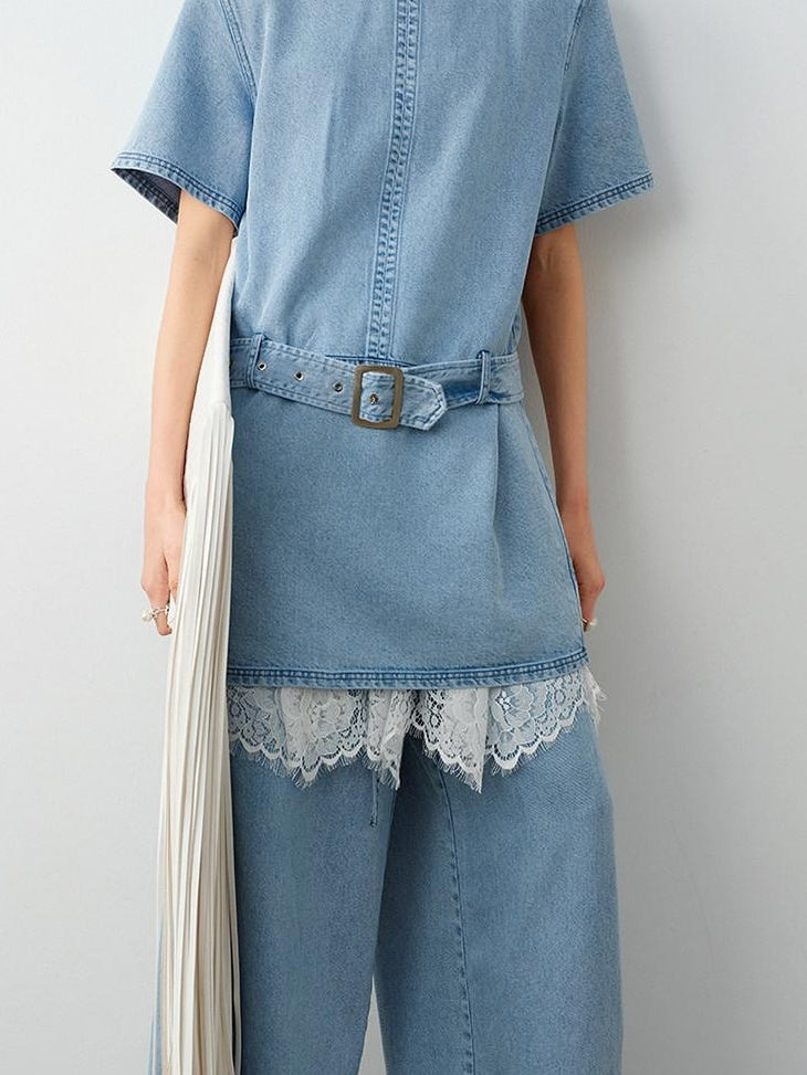 audreyyang Washed Tencel Micro Stretch Straight Fit Denim Blue Casual Short Sleeve T-Shirts
