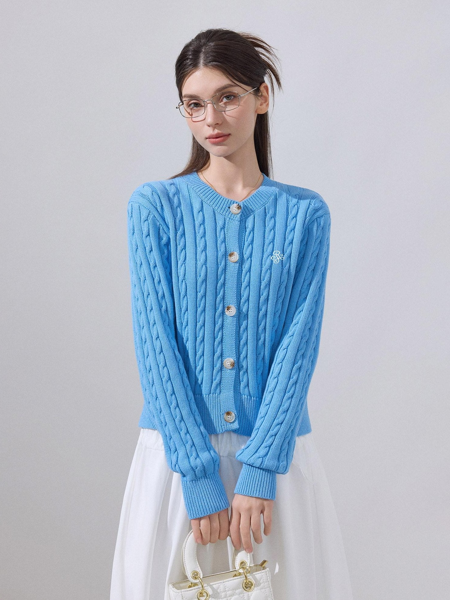 ikyou Soft Cotton Blend Preppy Regular Button Front Blue Casual Women Logo Cardigans