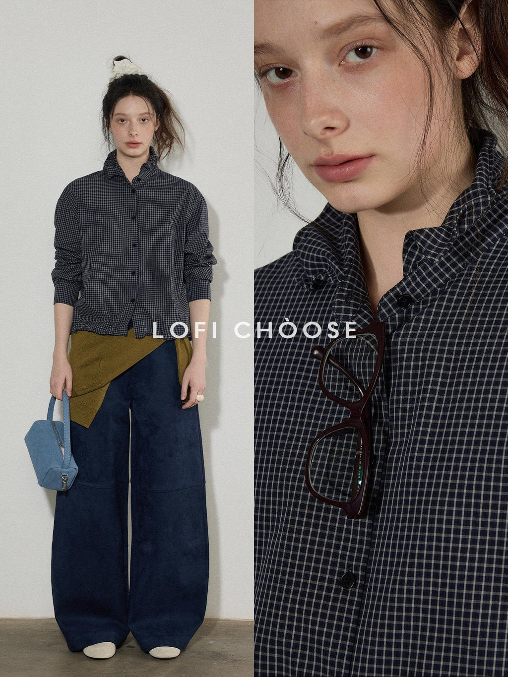 Lofi choose Pure Cotton Loose Fit Plaid Button Front Turn Down Collar Office Women Blouses