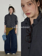 Lofi choose Pure Cotton Loose Fit Plaid Button Front Turn Down Collar Office Women Blouses