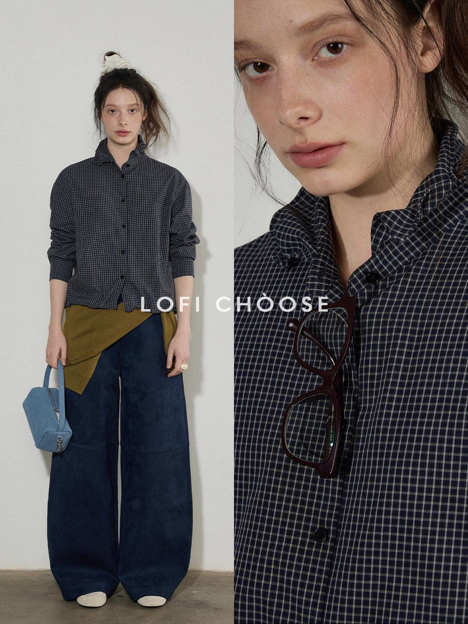 Lofi choose Pure Cotton Loose Fit Plaid Button Front Turn Down Collar Office Women Blouses