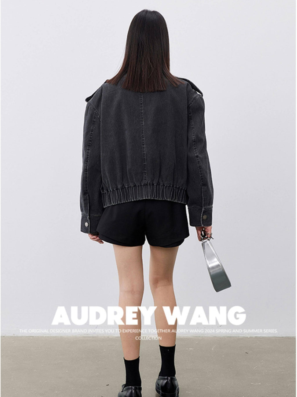 audreyyang Cotton Loose Commuter Lapel Zipper Long Sleeve Women Ash Gray Cropped Jackets