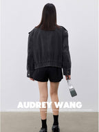 audreyyang Cotton Loose Commuter Lapel Zipper Long Sleeve Women Ash Gray Cropped Jackets