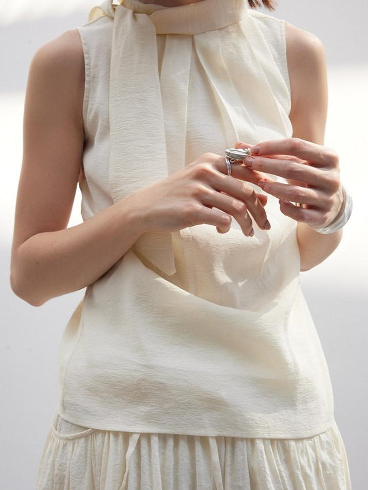 someone sometimes Original Slim Tie Detail Stand Collar Sleeveless Cream Pullover Top & Skirt Sets