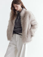 fano Warm Faux Fur Lined Oversized Stand Collar Casual Women Grey Apricot Short Coat