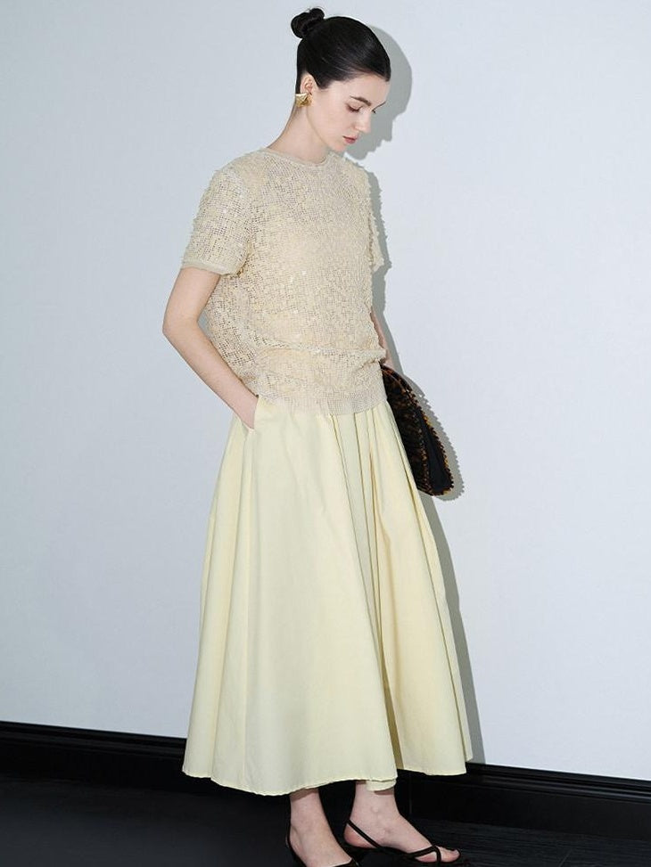 audreyyang 100% Cotton Lined Pleated H Line Mid Waist Bright Yellow Midi Skirts