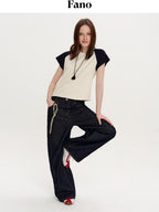fano Stretch Cotton Loose Raglan Crew Korean Office Women Beige Short Sleeve T-Shirts