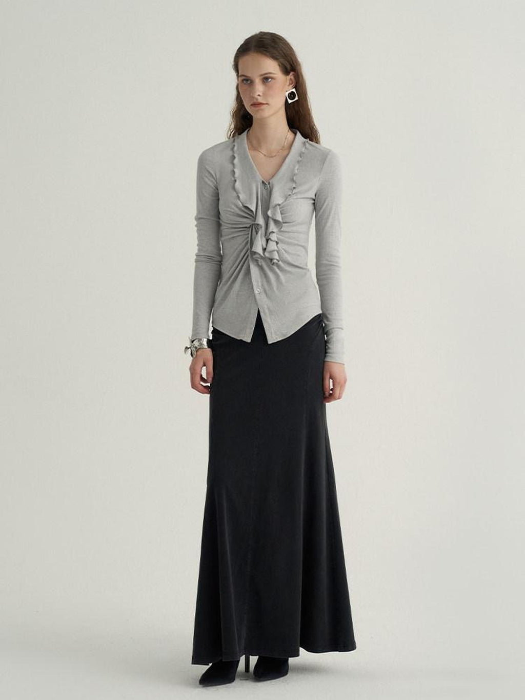 someone sometimes Ruffled V-neck Slim Fit Thin Knit Viscose Women Oatmeal Long Sleeve T-Shirts