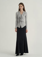 someone sometimes Ruffled V-neck Slim Fit Thin Knit Viscose Women Oatmeal Long Sleeve T-Shirts