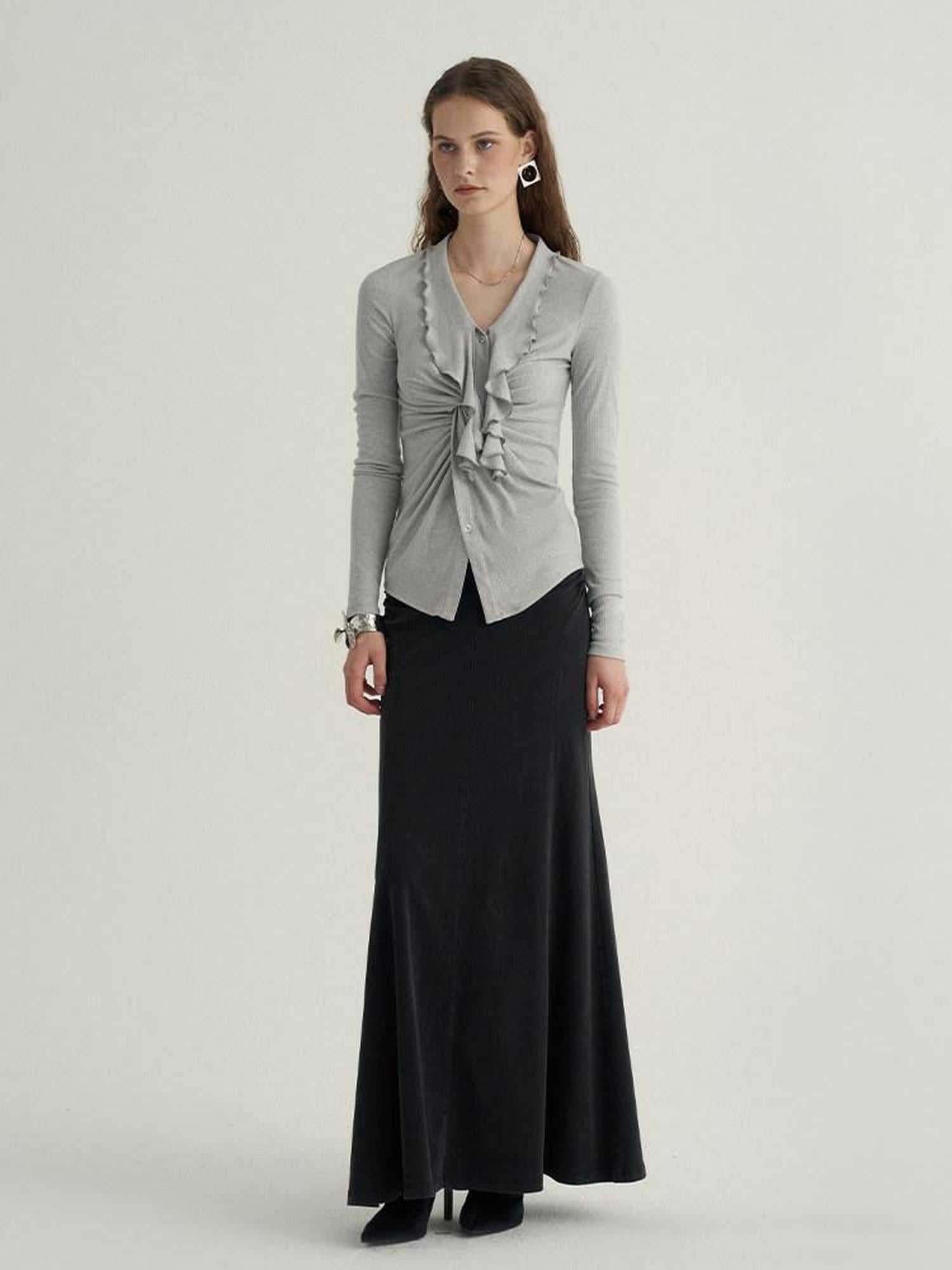someone sometimes Ruffled V-neck Slim Fit Thin Knit Viscose Women Oatmeal Long Sleeve T-Shirts