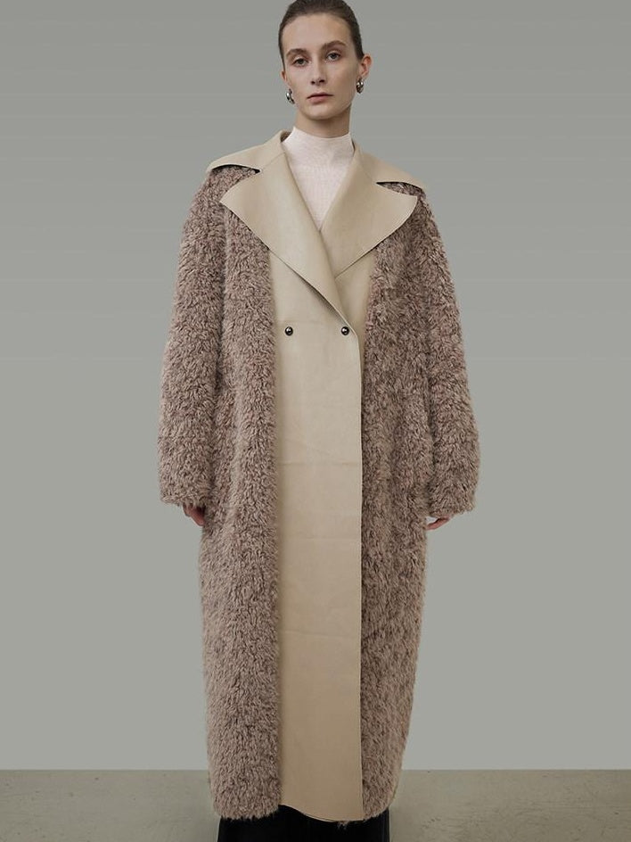 unspoken Thick Faux Fur Patchwork Oversized Simple Workwear Women Beige Brown Long Coats