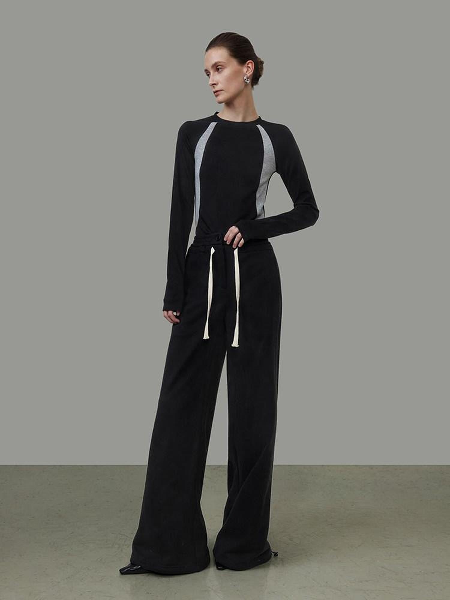 unspoken High Waist Drawstring Pockets Minimalist Workwear For Women Black Wide Leg Pants