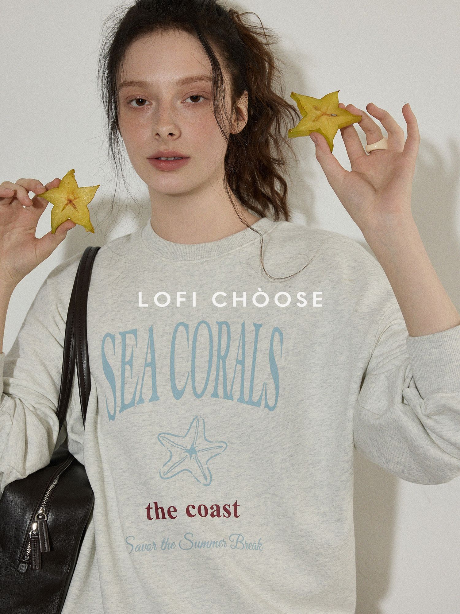 Lofi choose Cotton Blend Relaxed Crewneck Women Office Letter Print Blue Grey Sweatshirt