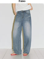 fano High Waist Wide Leg Zipper Fly Loose Light Blue Denim Straight Leg Jeans