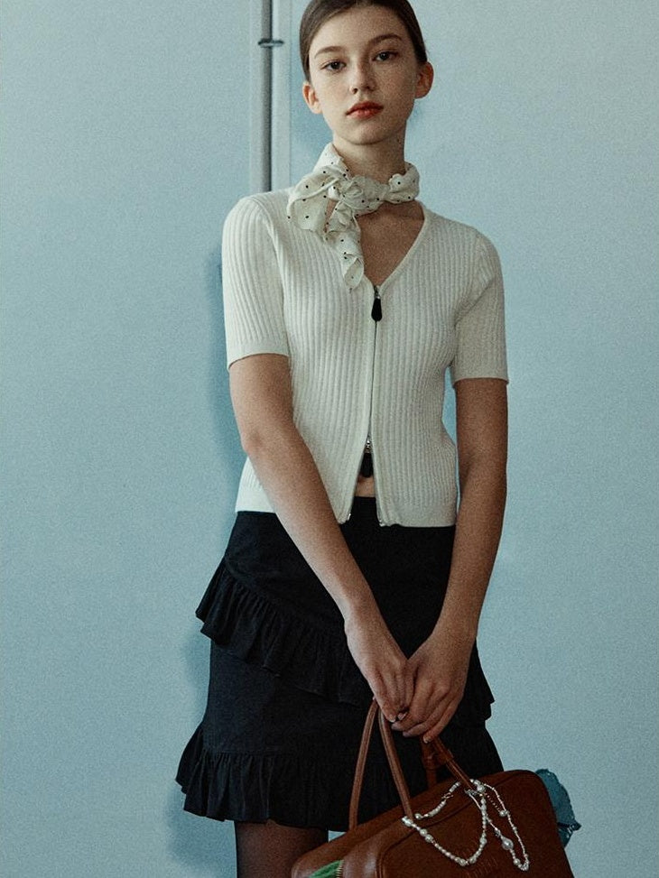 fano Soft Minimalist V-neck Cropped Short Sleeve White Polyester Blend Cardigans