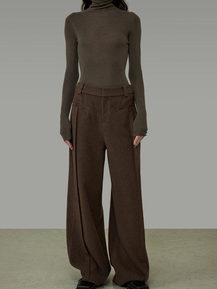 unspoken High Waist Pocketed Minimalist Office Brown Polyester Blend Wide Leg Pants