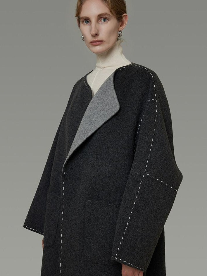 unspoken Warm Thick 3D Tailored Loose Fit Lapel Collar Commuter Women Charcoal Wool Coats