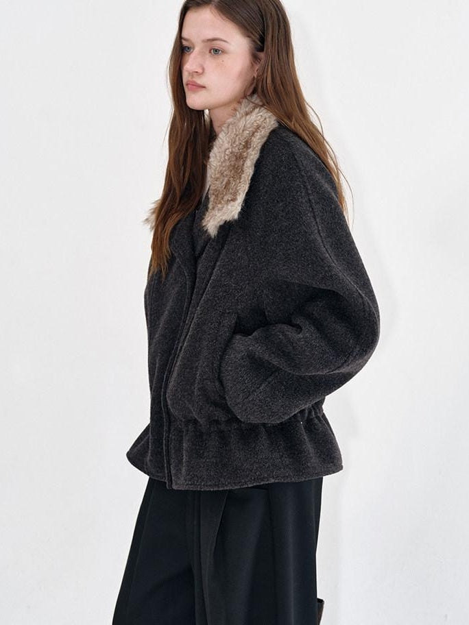 fano Warm Wool Blend Relaxed Stand Collar Drawstring Women Black Gray Short Coat