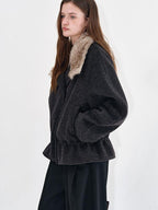 fano Warm Wool Blend Relaxed Stand Collar Drawstring Women Black Gray Short Coat
