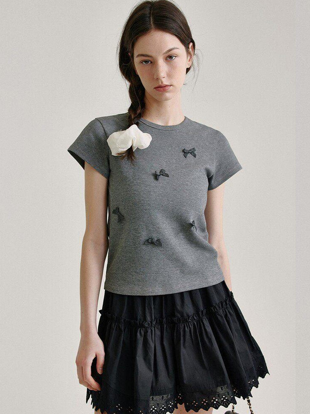 fano Soft Cotton Spandex Korean Patchwork Slim Womens Bow Neck Short Sleeve T-Shirts