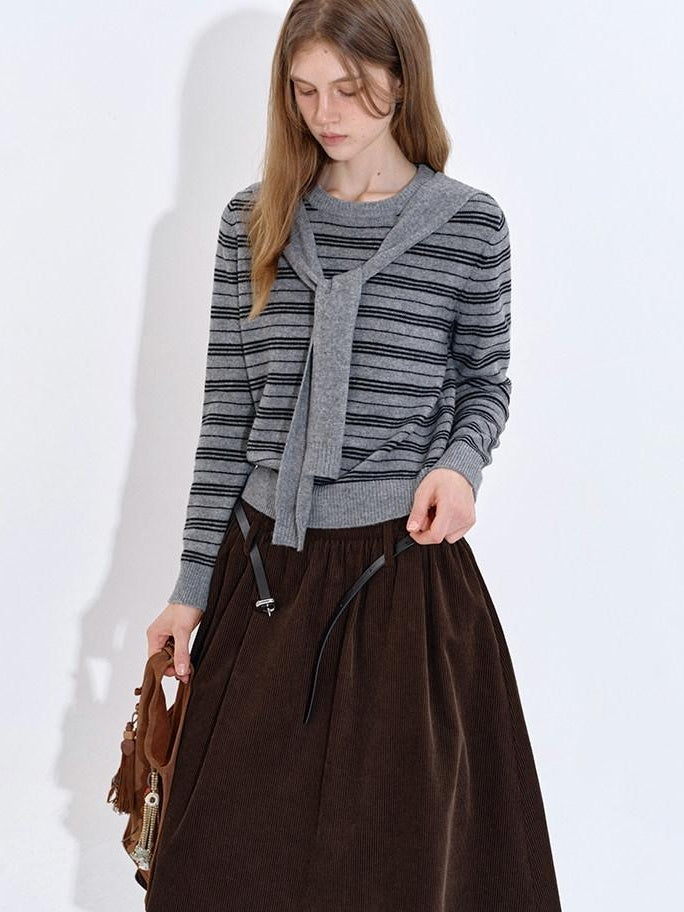 fano Lined High Waist Pleated Vintage A Line Cotton Brown Midi Skirts