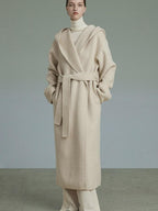 unspoken Premium 90 Wool 10 Alpaca Hooded Minimal Straight Long Oatmeal Wool Coats