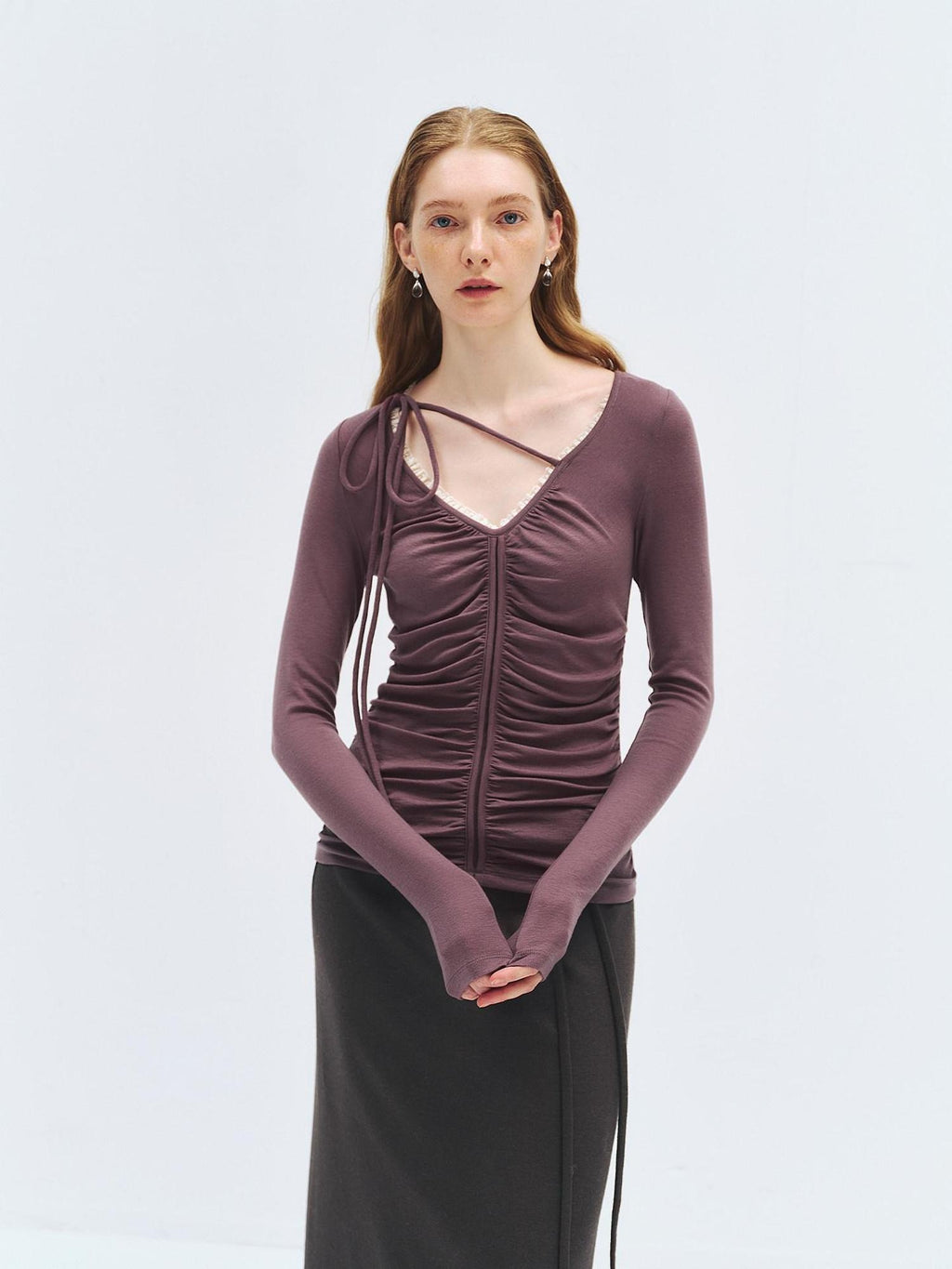 someonesometimes Lyocell Wool Slim Fit V-neck Knit Women Fig Purple Long Sleeve T-Shirts