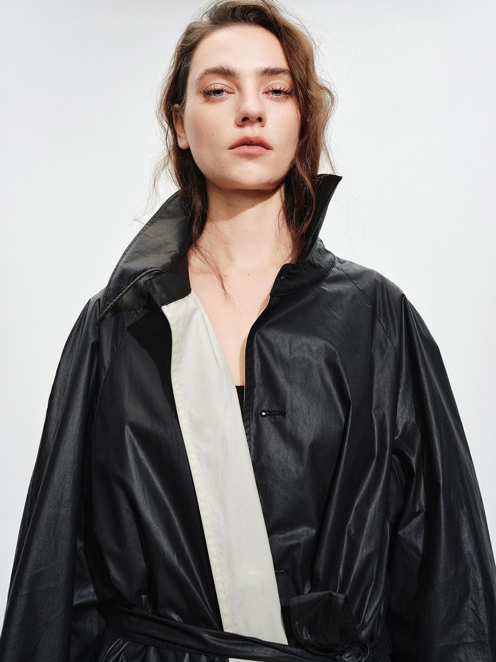 audreyyang Detachable Belt Pure Cotton Loose Long Single Breasted Women Black Trench Coats