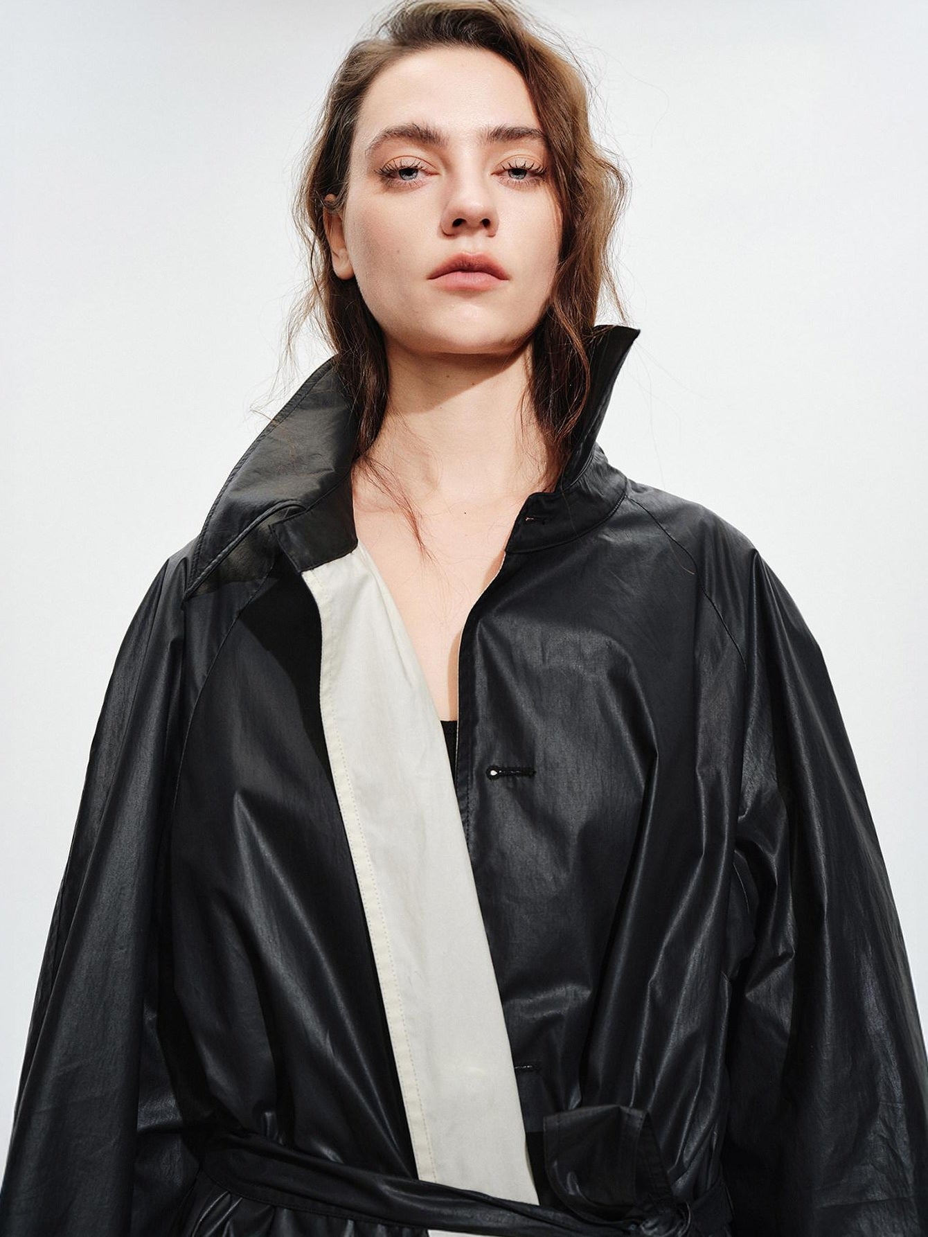 audreyyang Detachable Belt Pure Cotton Loose Long Single Breasted Women Black Trench Coats