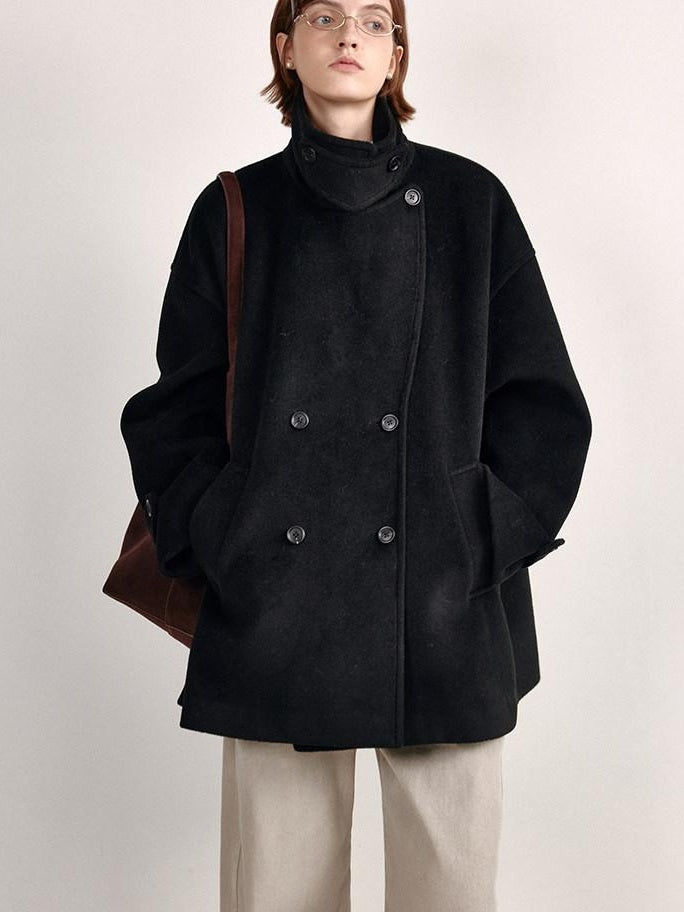 fano Double Breasted Stand Collar Commuter Loose Fit Women Black Pocket Wool Coats