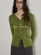 Lofi choose Cotton Stretch V-neck Slim Fit Office Women Yellow Green Long Sleeve T-Shirts