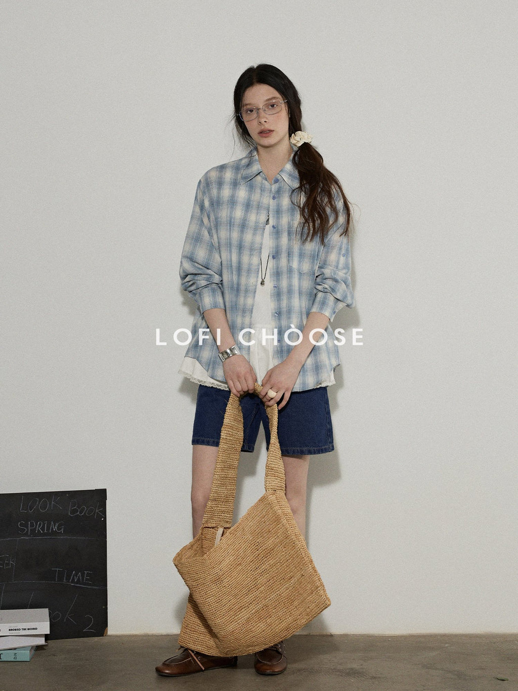 Lofi choose Pure Cotton Colorblock Plaid Embroidered Loose Commuter Office Women Shirts