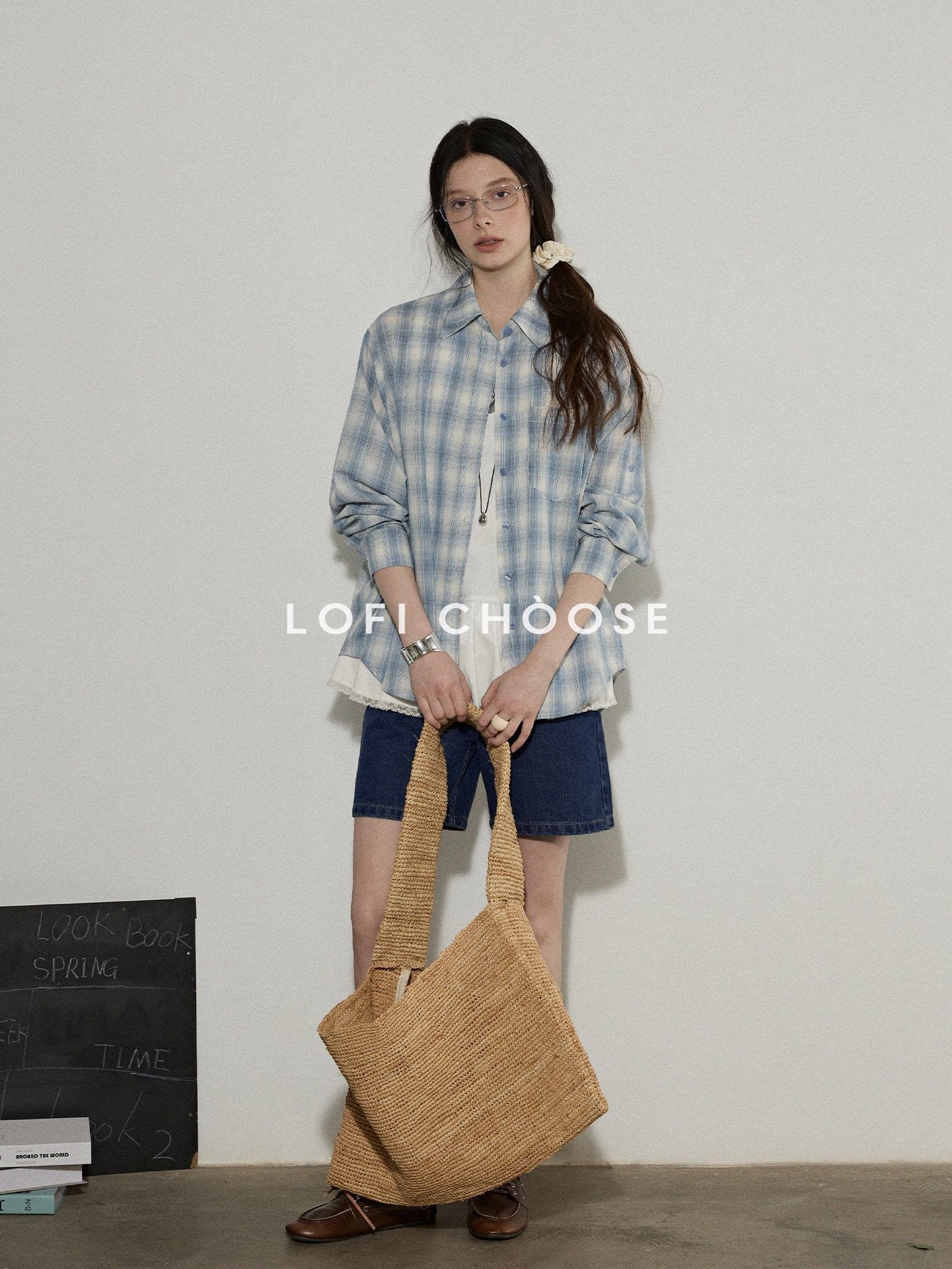 Lofi choose Pure Cotton Colorblock Plaid Embroidered Loose Commuter Office Women Shirts