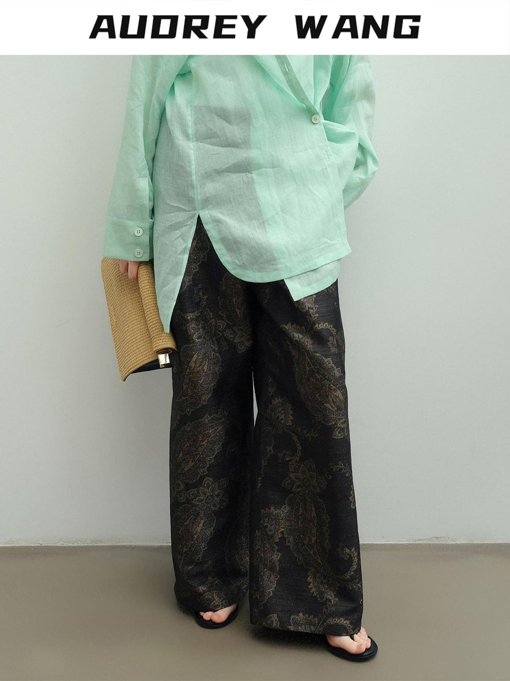 audreyyang Vintage Jacquard Botanical Floral Natural Waist Loose Fit Ladies Wide Leg Pants