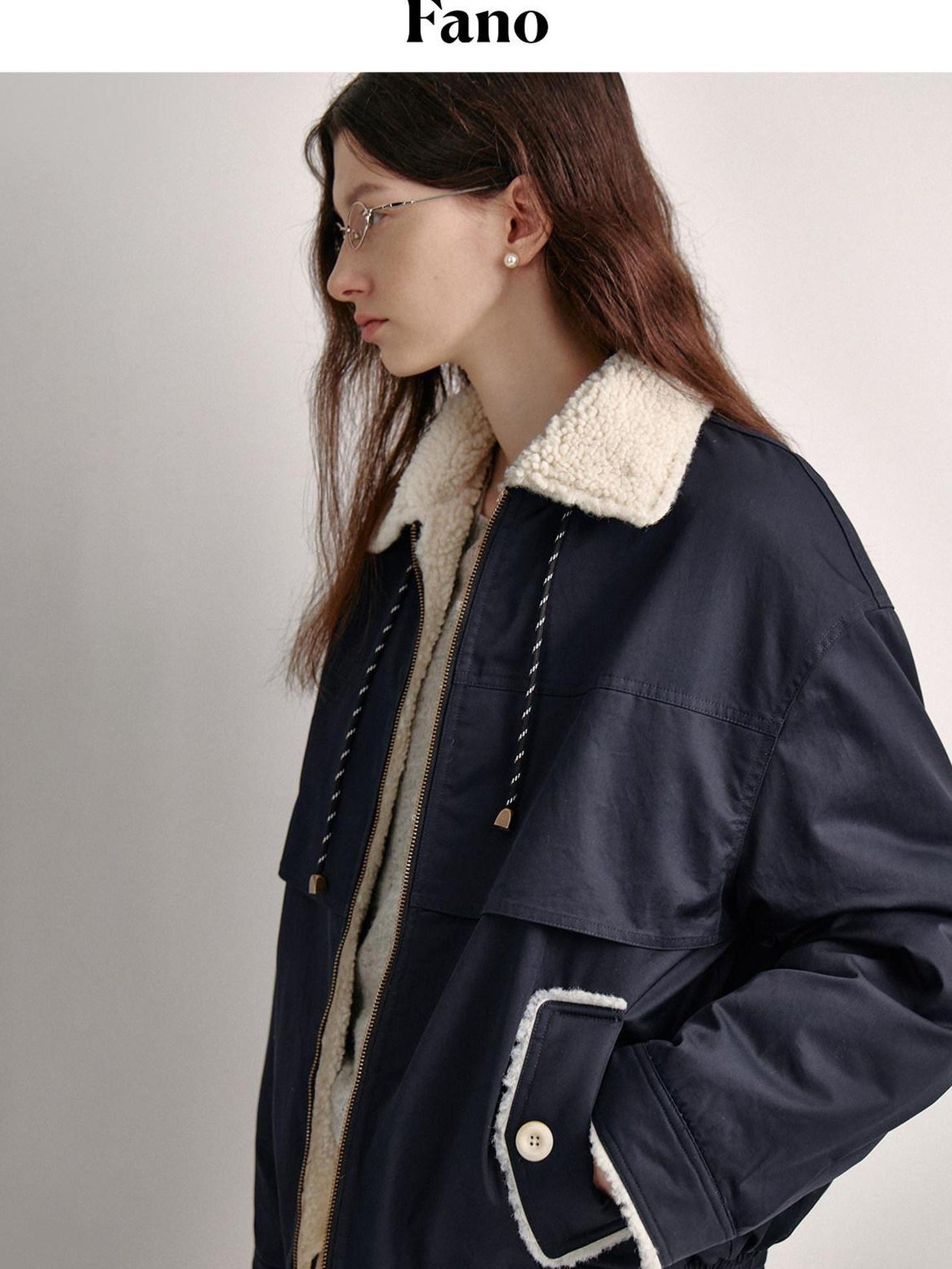 fano Patchwork Cozy Relaxed Loose Fit Commuter Navy Zipper Long Sleeve Puffer Jackets