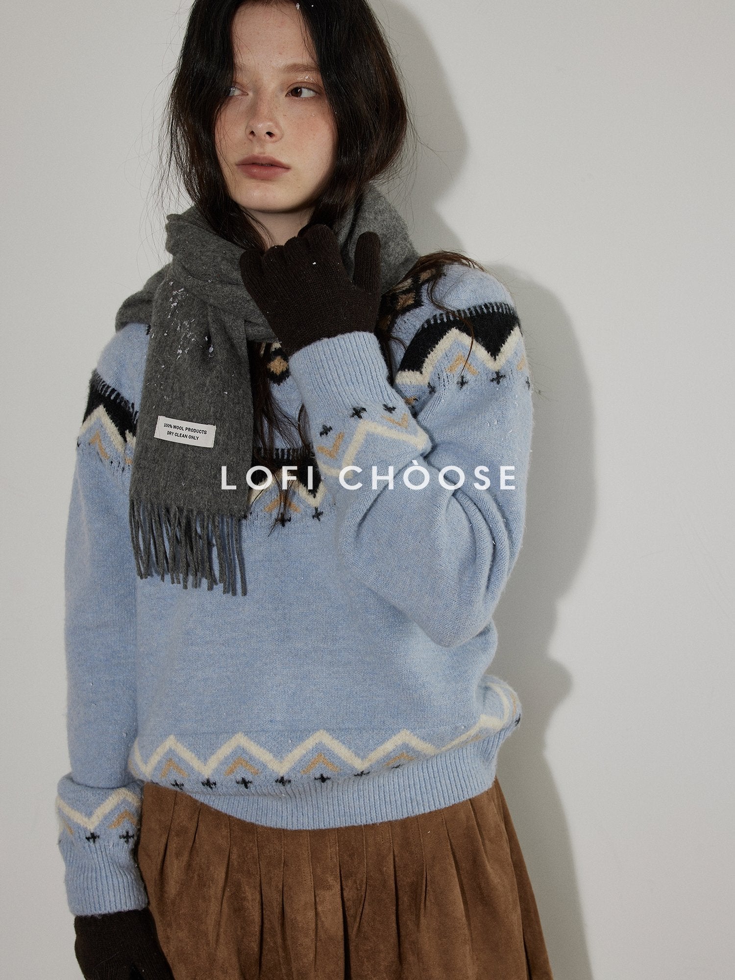 Lofi choose Soft Wool Blend Loose Fit Commuter Crewneck Pullover Blue Knit Tops Sweaters