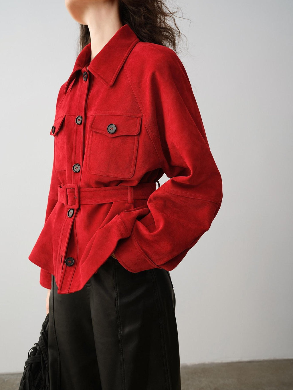 audreyyang Premium Lambskin Loose Fit Lapel Button Women Chinese Red Cropped Jackets
